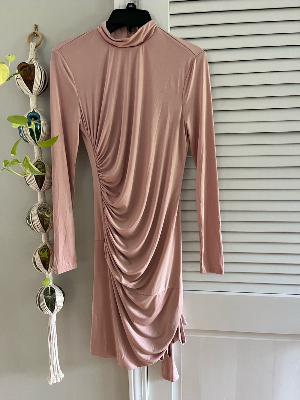 Michael Costello/Revolve Ruched Long Sleeve Mock Neck Dress in Dusty Rose